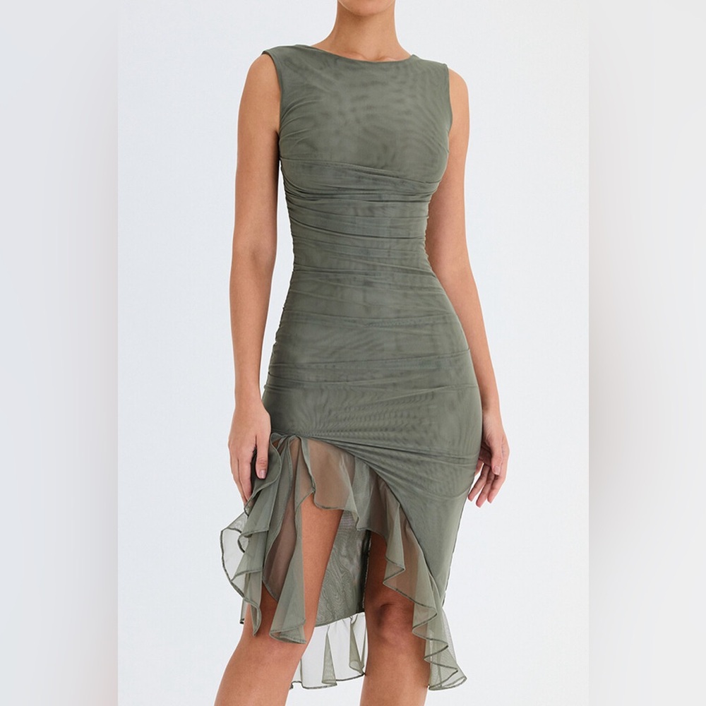 Mistress Rocks - Bay Leaf Ruffle Midi Dress, Size Small